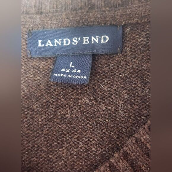 Lands'End L 42/44 Brown Lslv Knitted Merino Wool Blend V-neck Men's Sweater - Picture 3 of 8